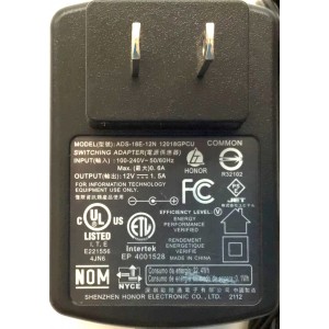 CARGADOR / ADAPTADOR DE FUENTE DE ALIMENTACION VCA-VCD  / NUMERO DE PARTE ADS-18E-12N 12018GPCU / ENTRADA VCA 100-240V~ 50/60HZ, 0.6A / SALIDA VCD 12V 1.5A / E221556 / MODELO ADS-18E-12N 12018GPCU